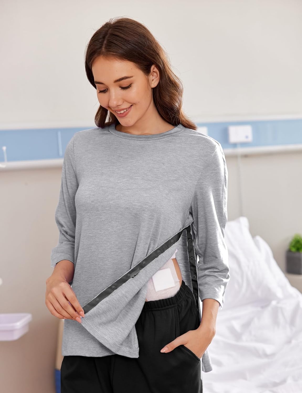 image:imageDeyeek Womens Post Shoulder Surgery Shirts Tear Away 34 Snap TopsLight Grey