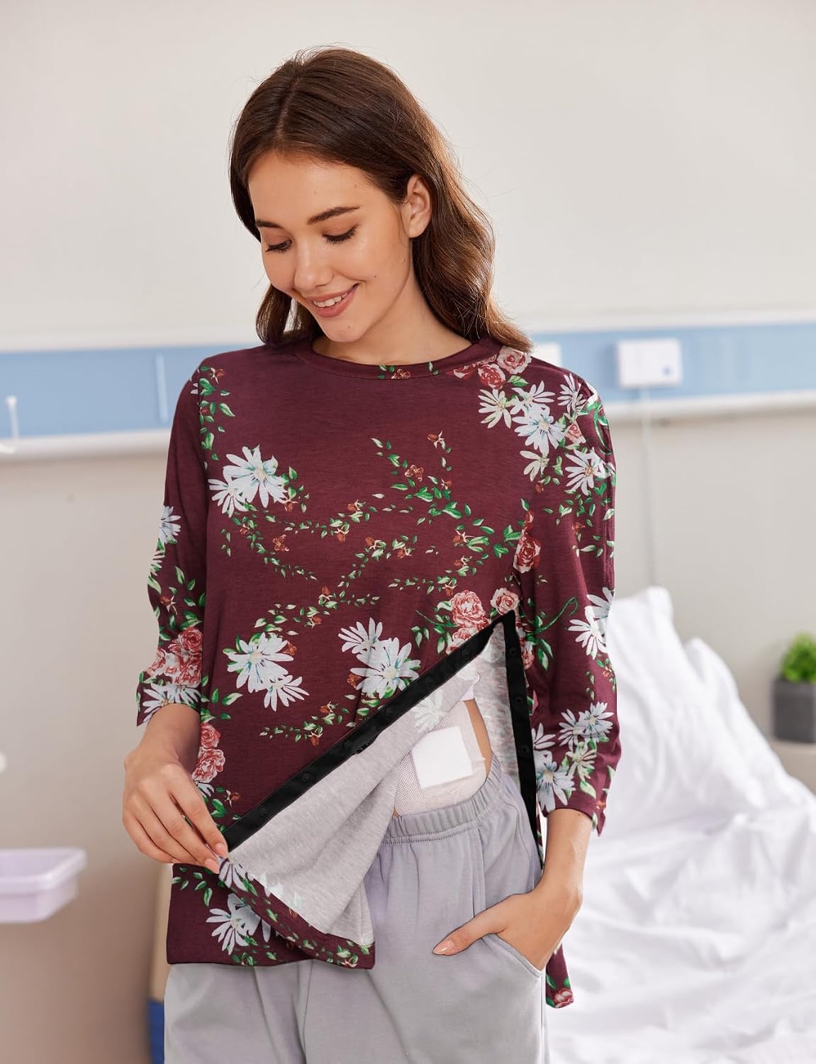 image:imageDeyeek Womens Post Shoulder Surgery Shirts Tear Away 34 Snap TopsRed Print