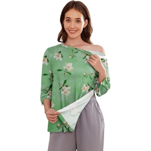Deyeek Women’s Post Shoulder Surgery Shirts Tear Away 3/4 Snap Tops(Green Print)